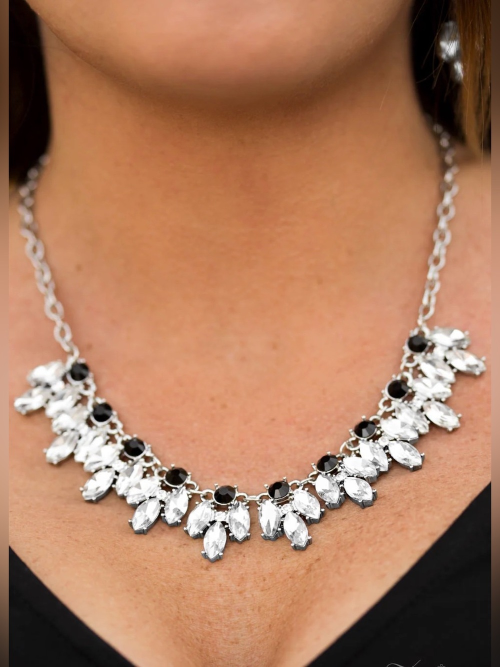 Crystal Drop Statement Necklace in Silver and Black Earrings Set
